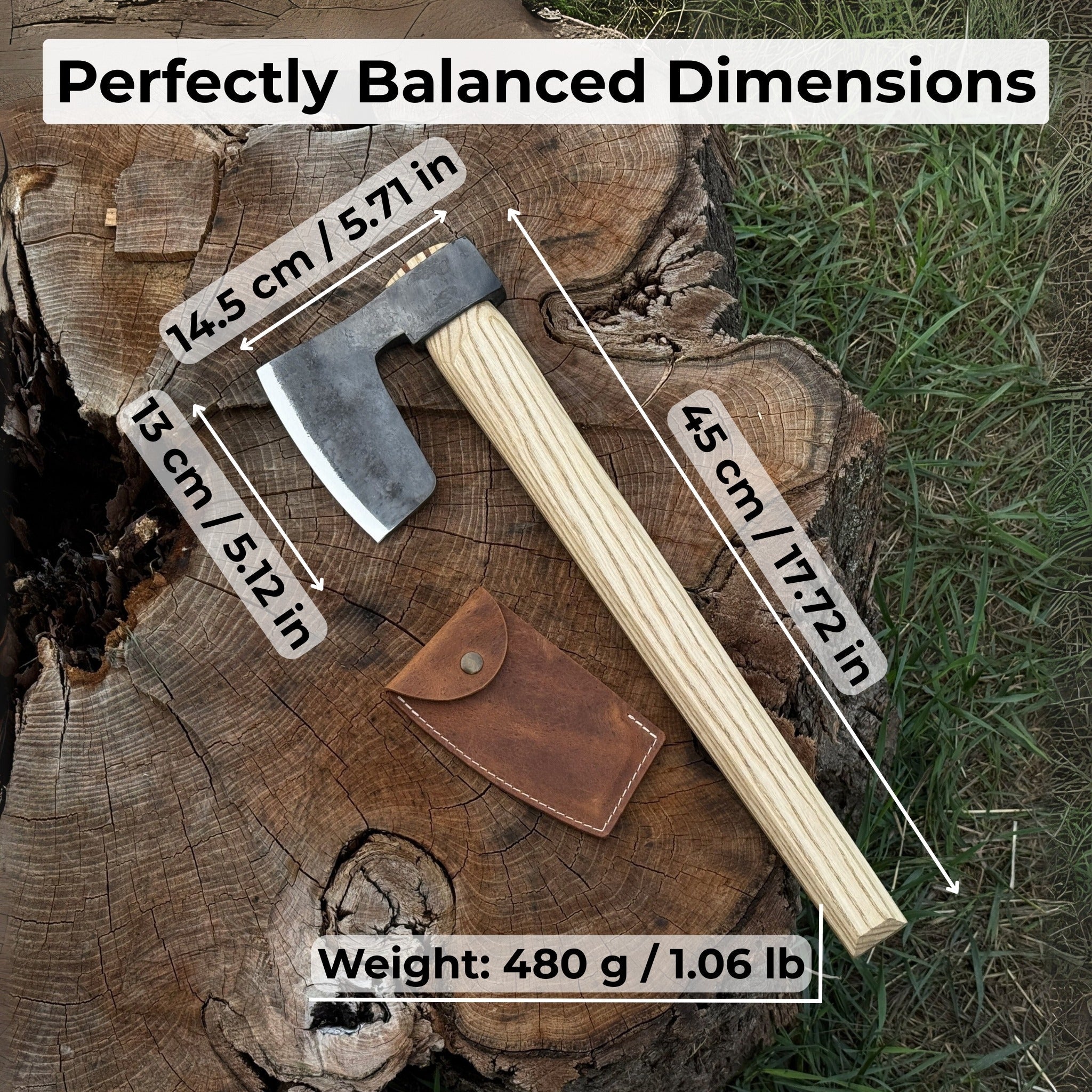 Hand-forged carpenter's axe with leather sheath and ash wood handle