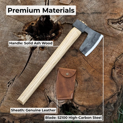 Hand-forged carpenter's axe with leather sheath and ash wood handle