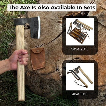 Hand-forged carpenter's axe with leather sheath and ash wood handle