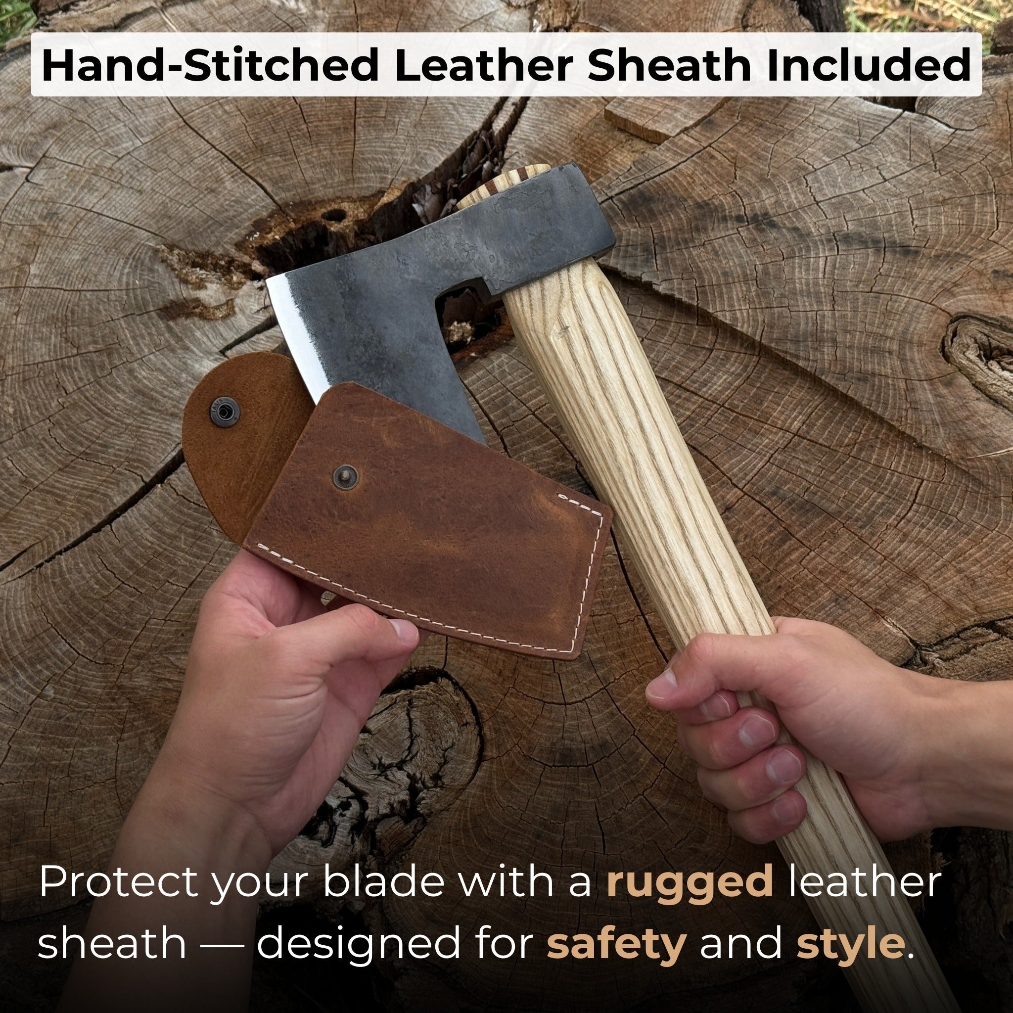 Hand-forged carpenter's axe with leather sheath and ash wood handle