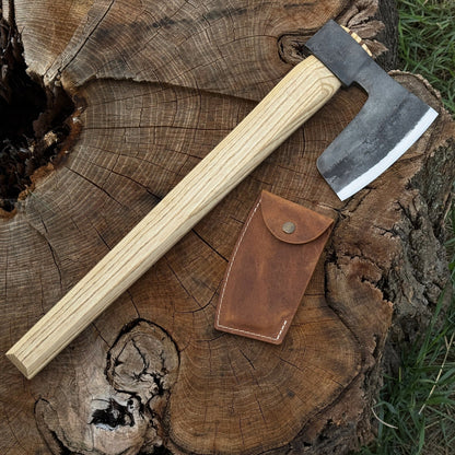 Hand-forged carpenter's axe with leather sheath and ash wood handle