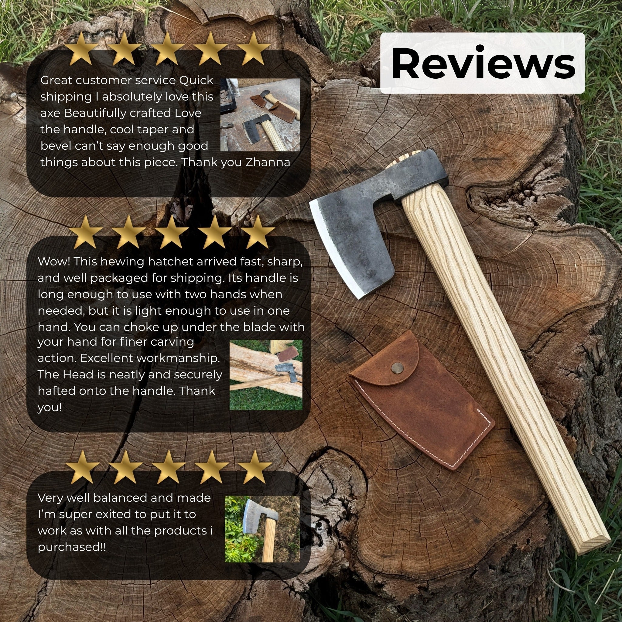 Hand-forged carpenter's axe with leather sheath and ash wood handle