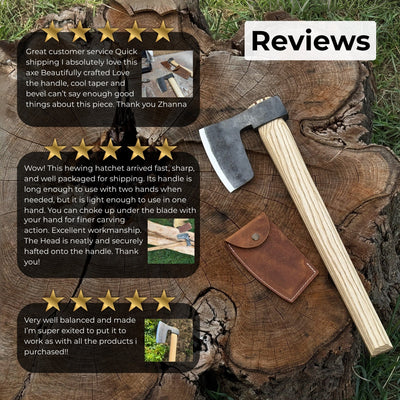 Hand-forged carpenter's axe with leather sheath and ash wood handle