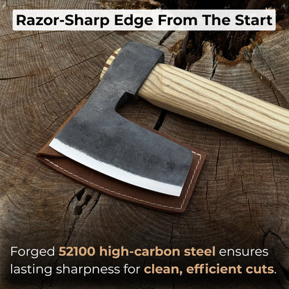 Hand-forged carpenter's axe with leather sheath and ash wood handle