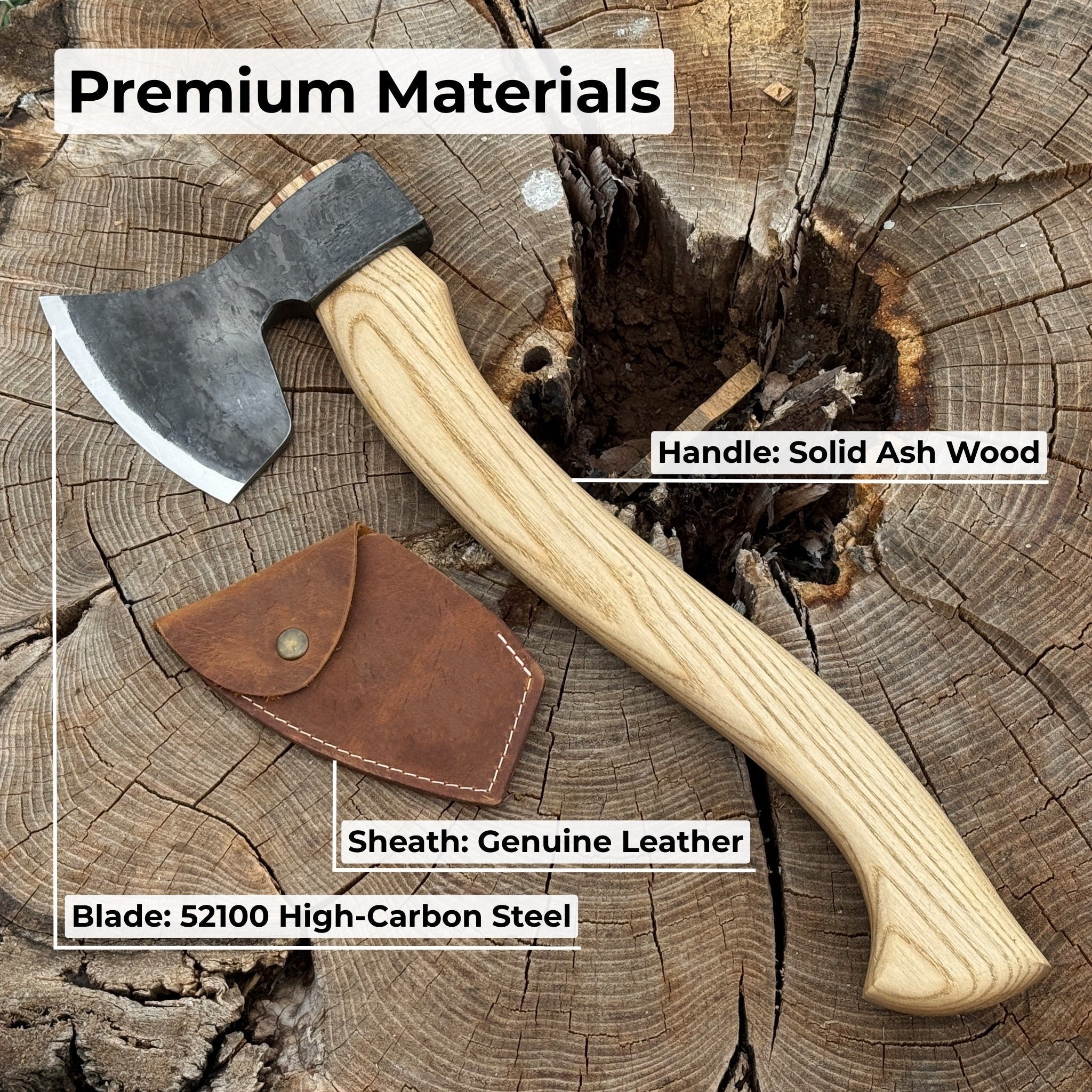 Hand-forged carving axe with ash wood handle and leather sheath