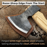 Hand-forged carving axe with ash wood handle and leather sheath