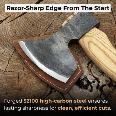Hand-forged carving axe with ash wood handle and leather sheath