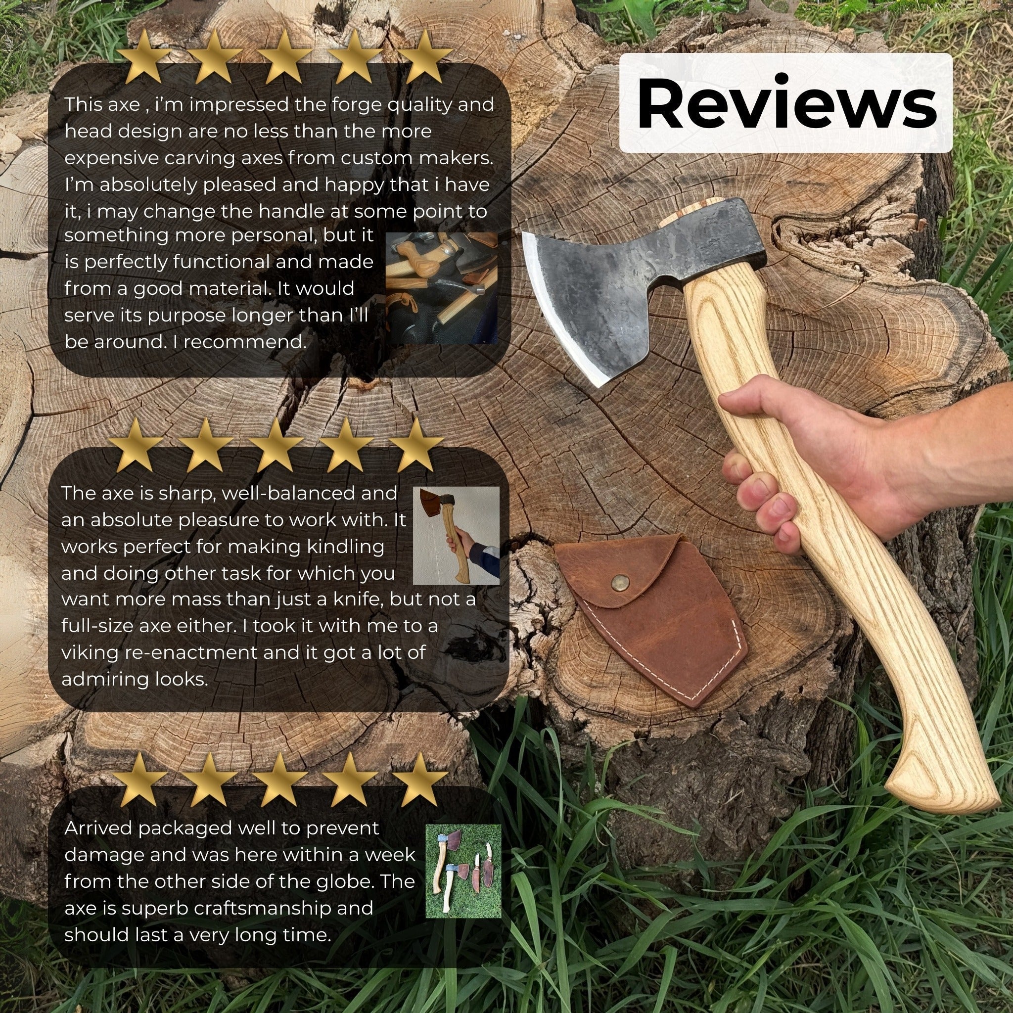 Hand-forged carving axe with ash wood handle and leather sheath