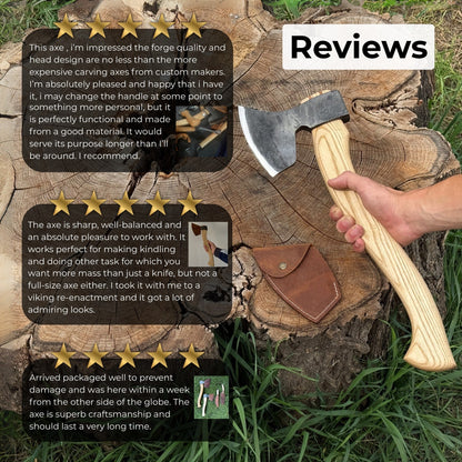 Hand-forged carving axe with ash wood handle and leather sheath