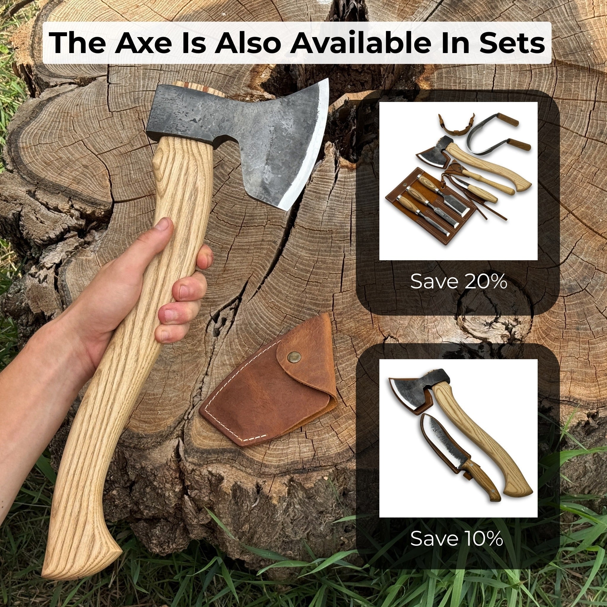 Hand-forged carving axe with ash wood handle and leather sheath