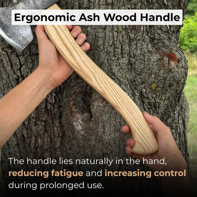 Hand-forged carving axe with ash wood handle and leather sheath