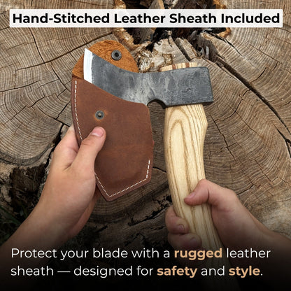 Hand-forged carving axe with ash wood handle and leather sheath