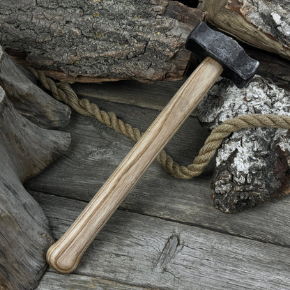 Hand-forged double blacksmith's hammer with ash wood handle and carbon steel head