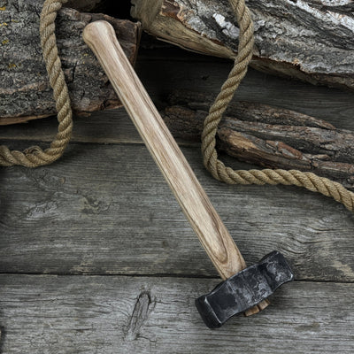 Hand-forged double blacksmith's hammer with ash wood handle and carbon steel head