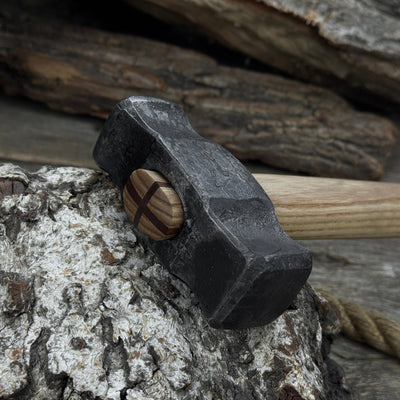 Hand-forged double blacksmith's hammer with ash wood handle and carbon steel head