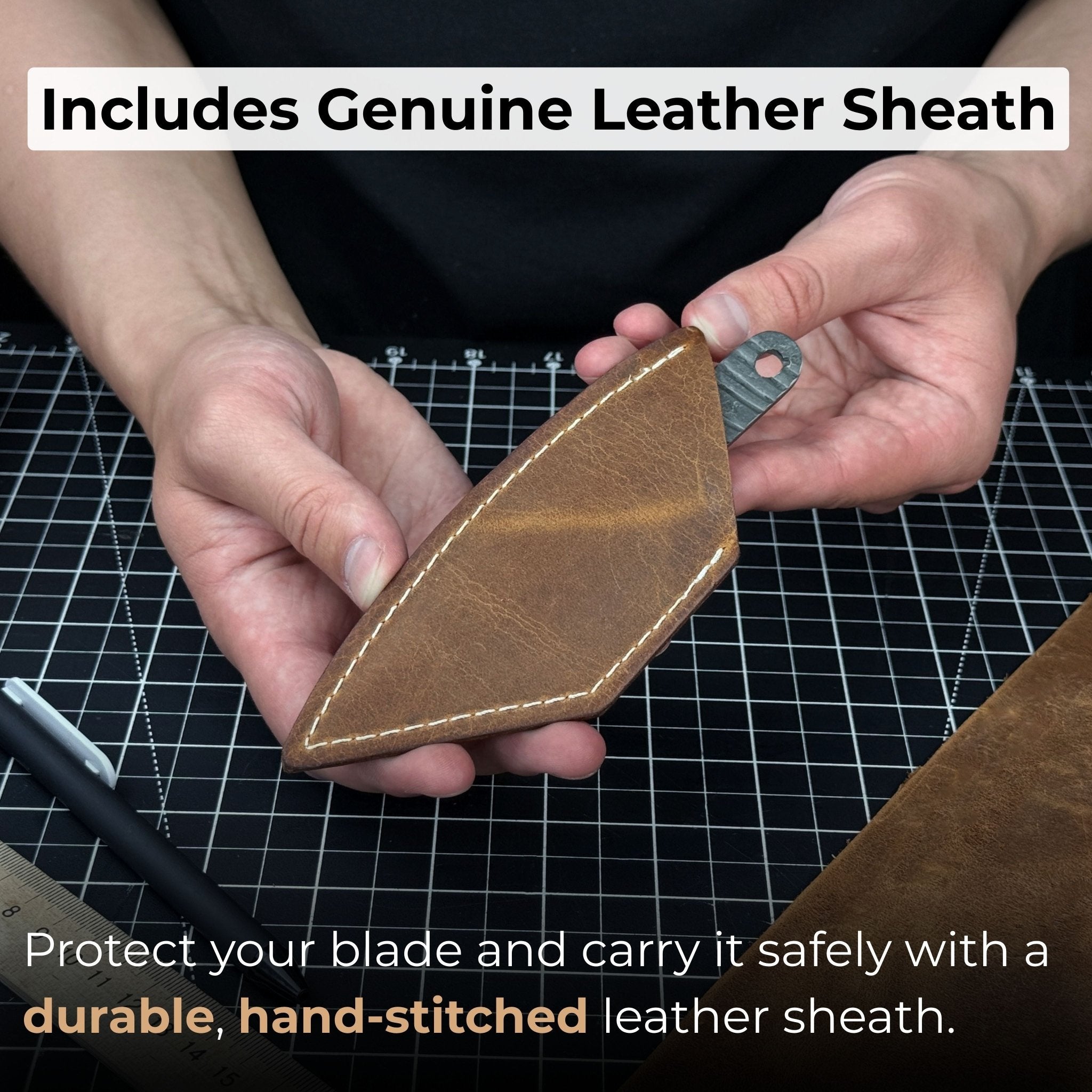 Hand-forged Kiridashi knife with leather sheath, 14 cm overall length