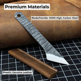Hand-forged kiridashi knife with razor-sharp carbon steel blade and leather sheath
