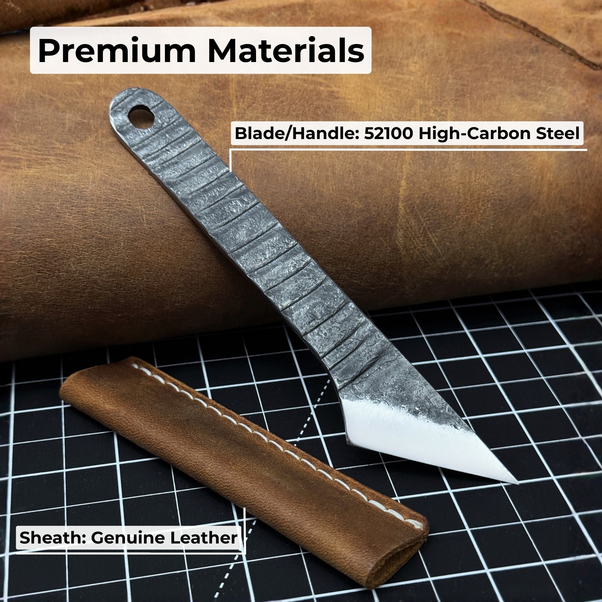 Hand-forged kiridashi knife with razor-sharp carbon steel blade and leather sheath