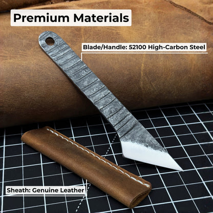 Hand-forged kiridashi knife with razor-sharp carbon steel blade and leather sheath