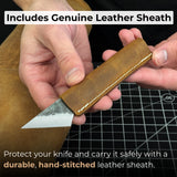 Hand-forged kiridashi knife with razor-sharp carbon steel blade and leather sheath