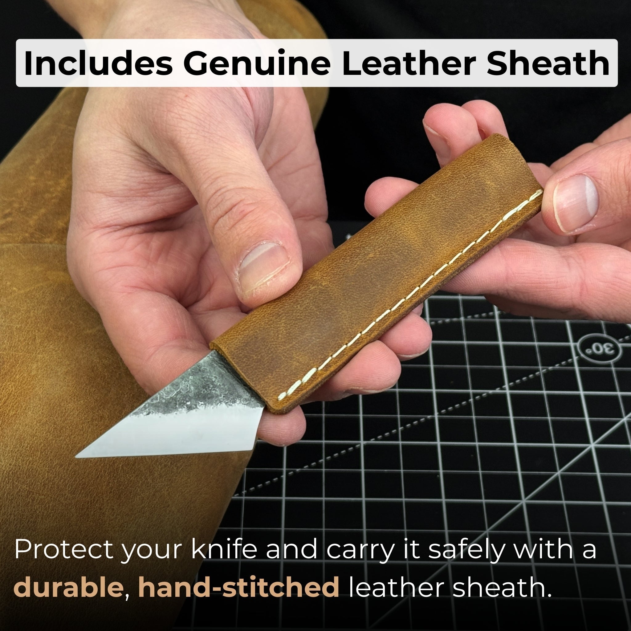 Hand-forged kiridashi knife with razor-sharp carbon steel blade and leather sheath