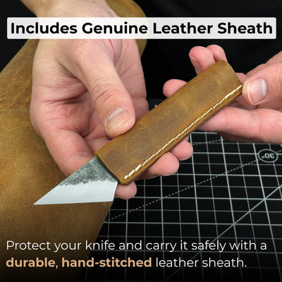 Hand-forged kiridashi knife with razor-sharp carbon steel blade and leather sheath