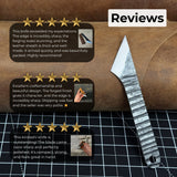 Hand-forged kiridashi knife with razor-sharp carbon steel blade and leather sheath