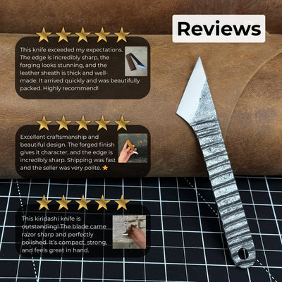 Hand-forged kiridashi knife with razor-sharp carbon steel blade and leather sheath