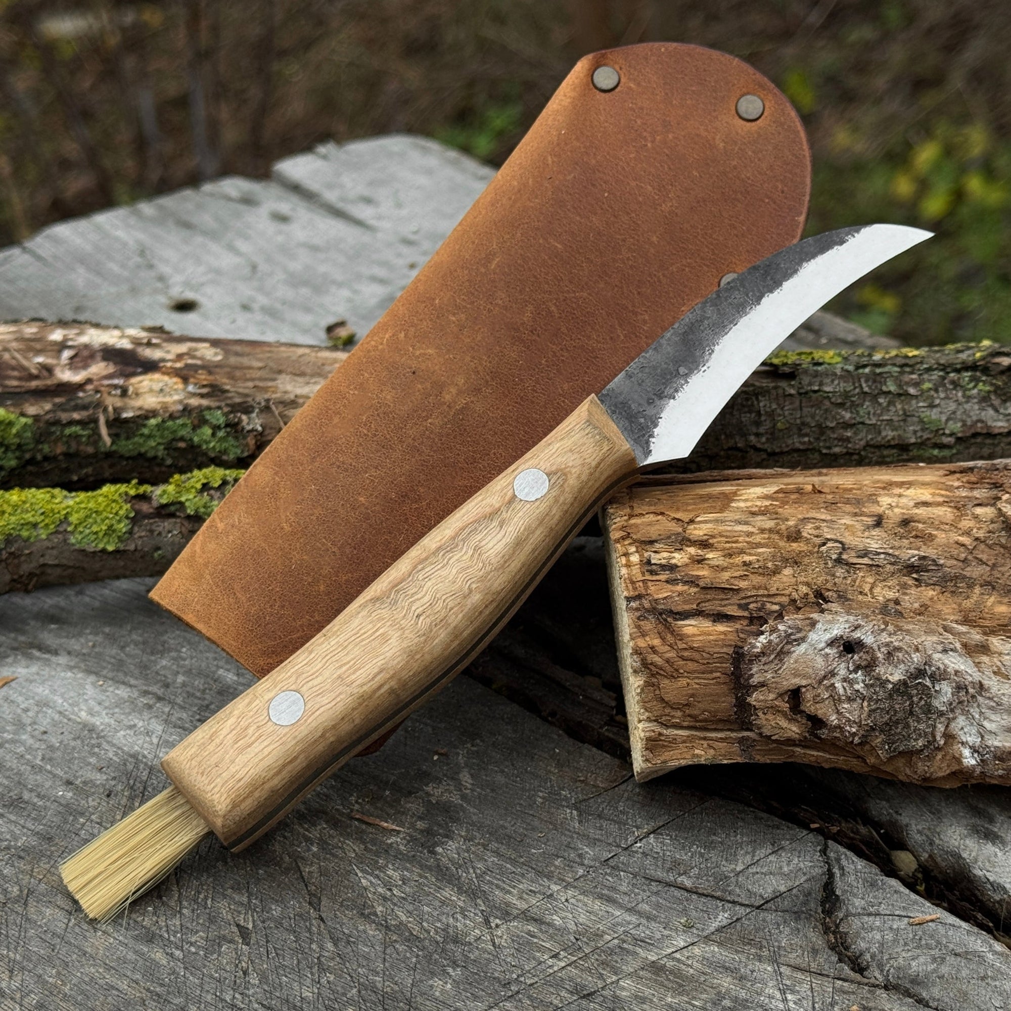 Hand-forged mushroom foraging knife with carbon steel blade, ash wood handle, built-in brush, and leather sheath