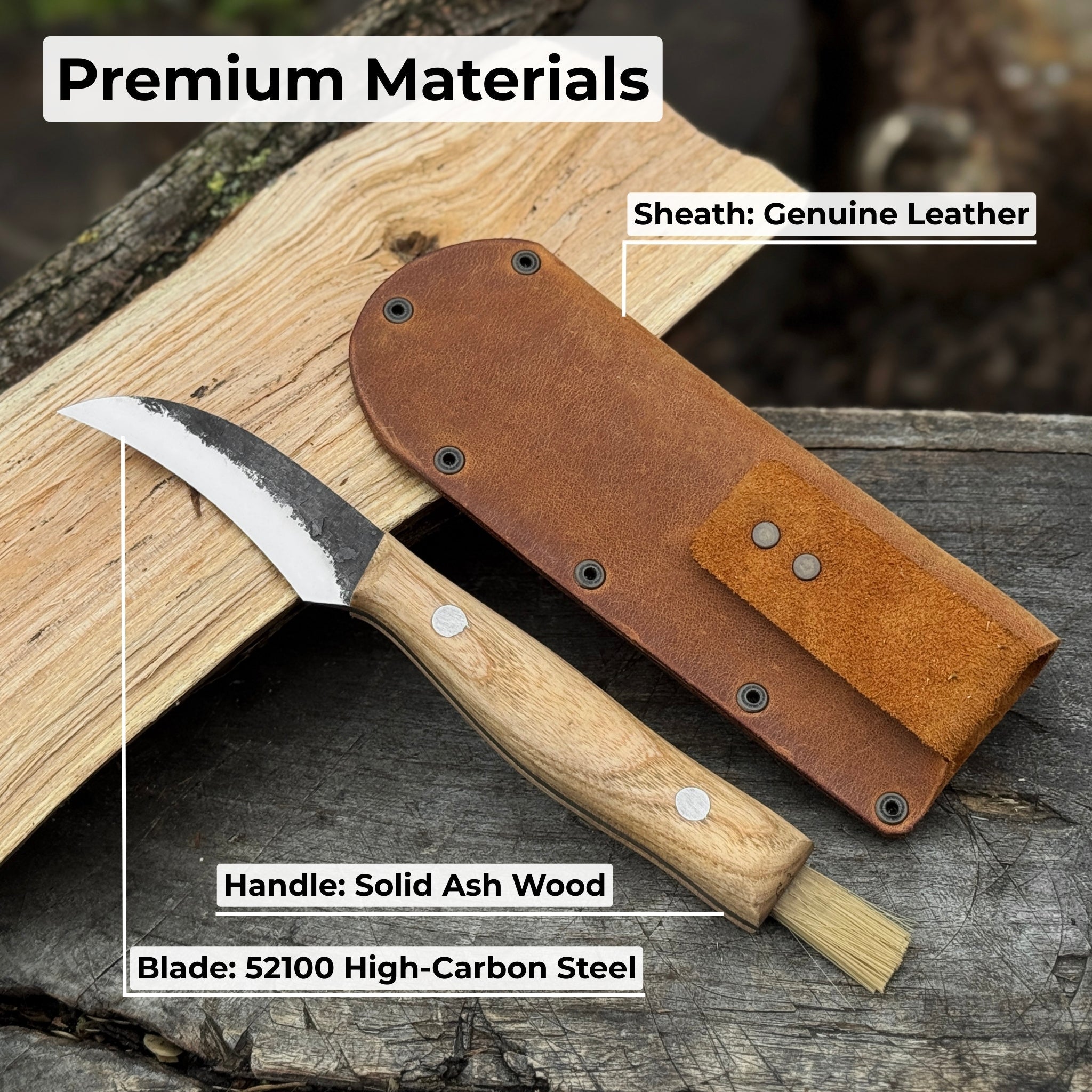 Hand-forged mushroom foraging knife with carbon steel blade, ash wood handle, built-in brush, and leather sheath