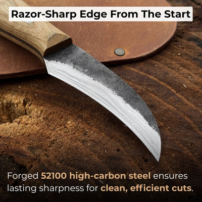 Hand-forged mushroom foraging knife with carbon steel blade, ash wood handle, built-in brush, and leather sheath