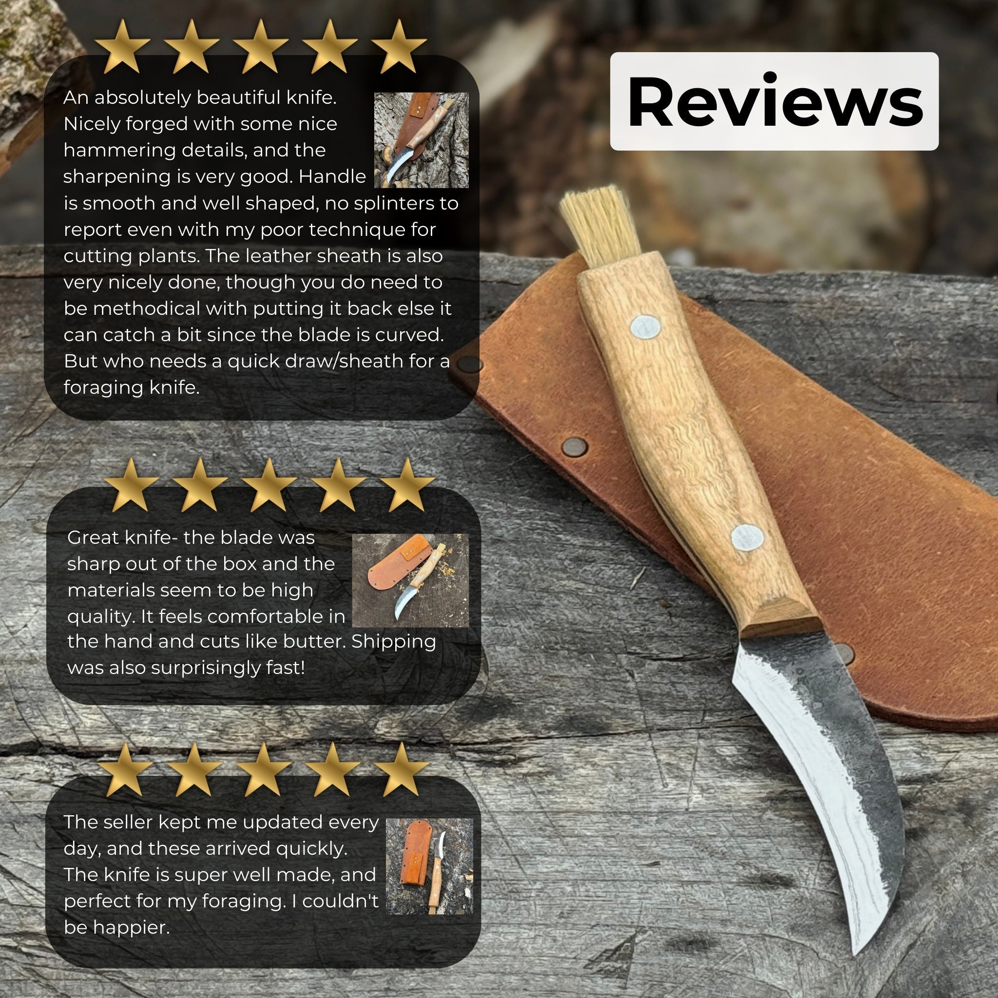 Hand-forged mushroom foraging knife with carbon steel blade, ash wood handle, built-in brush, and leather sheath