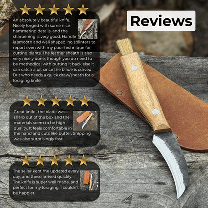 Hand-forged mushroom foraging knife with carbon steel blade, ash wood handle, built-in brush, and leather sheath