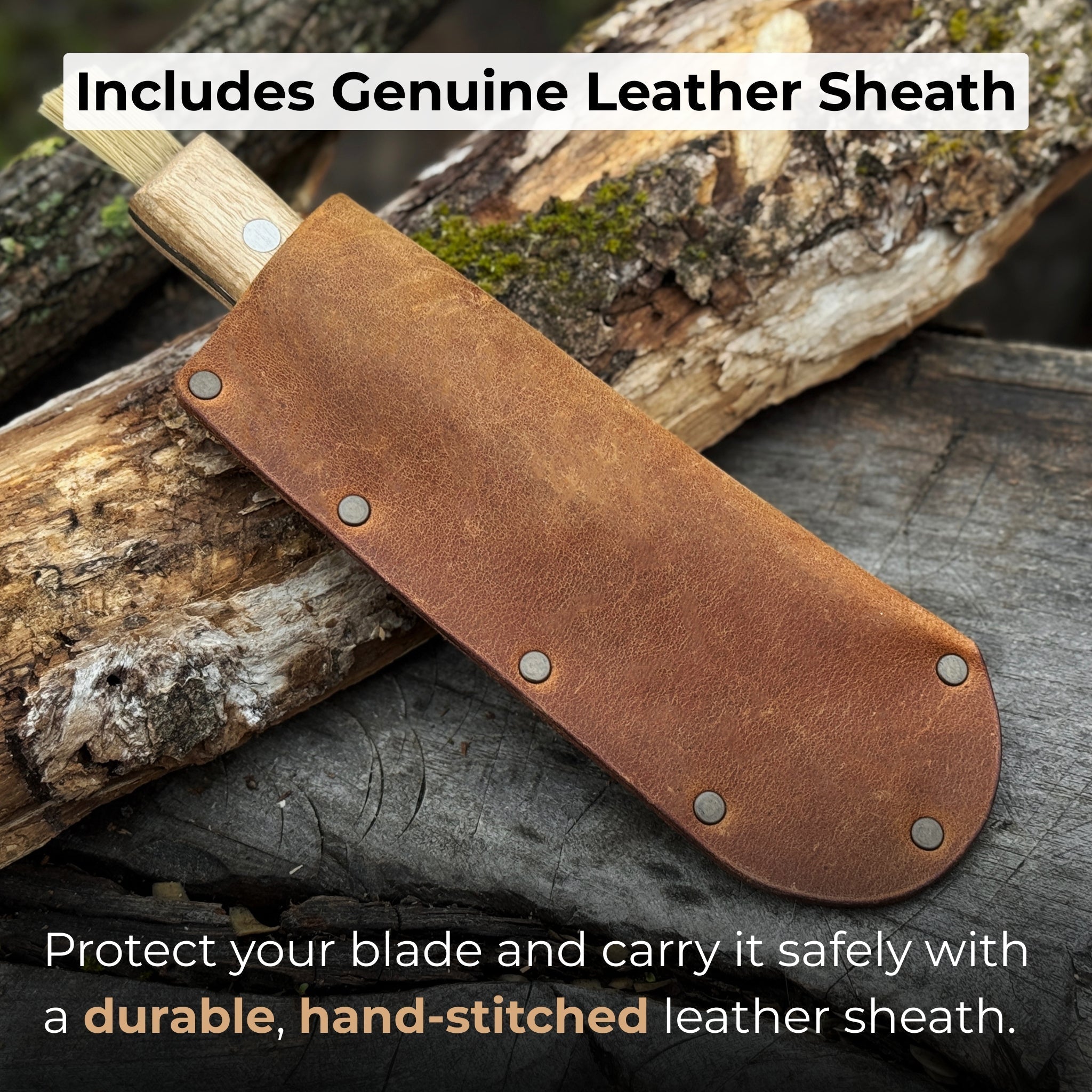 Hand-forged mushroom foraging knife with carbon steel blade, ash wood handle, built-in brush, and leather sheath