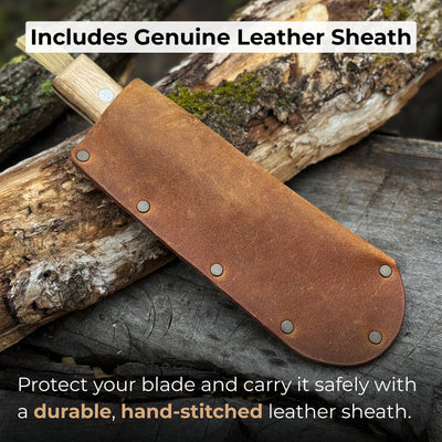 Hand-forged mushroom foraging knife with carbon steel blade, ash wood handle, built-in brush, and leather sheath