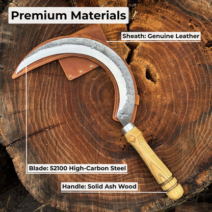 Hand-forged large sickle with 19 cm curved blade and leather belt sheath