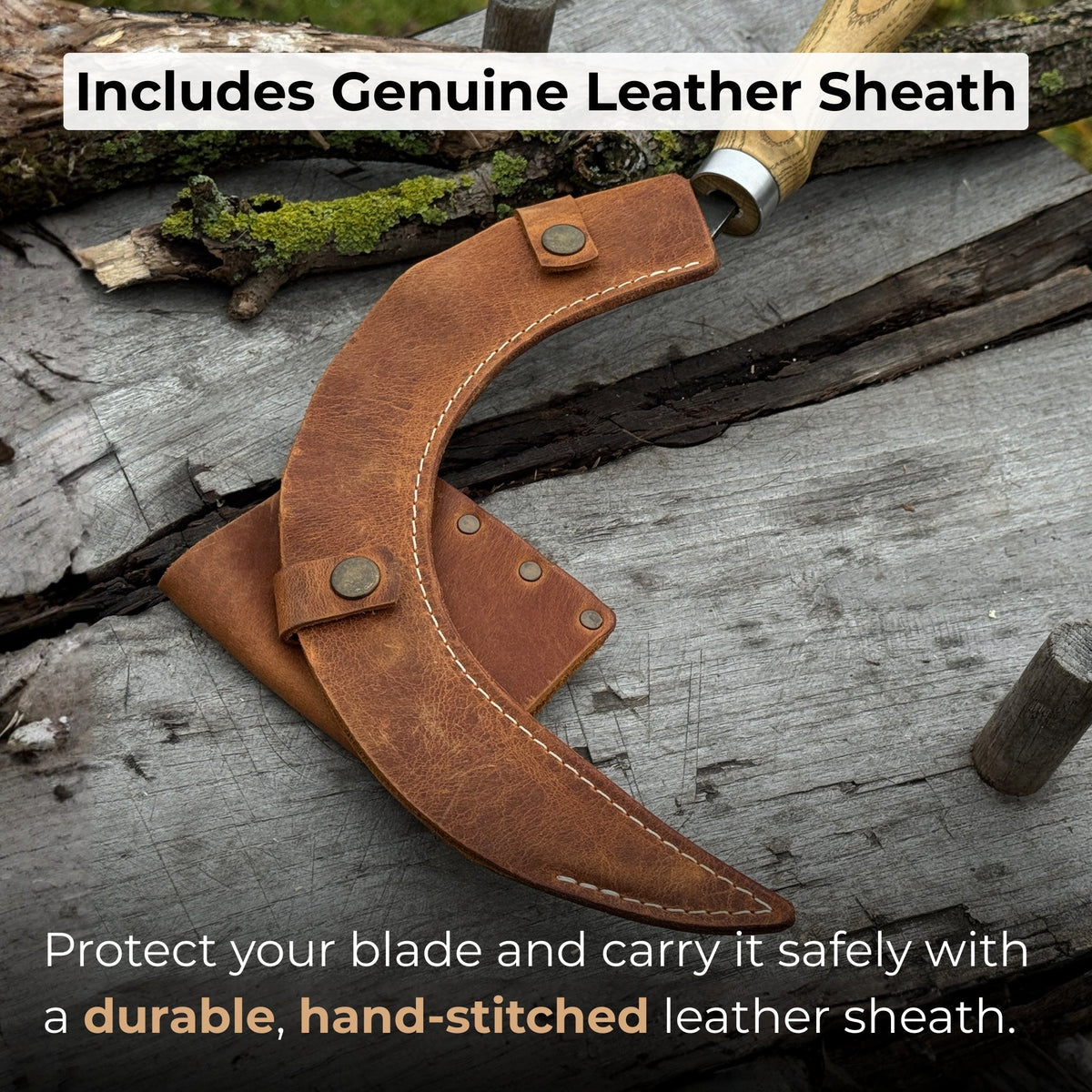 Hand-forged large sickle with 19 cm curved blade and leather belt sheath