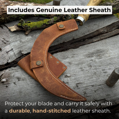 Hand-forged large sickle with 19 cm curved blade and leather belt sheath