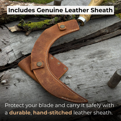 Hand-forged large sickle with 19 cm curved blade and leather belt sheath