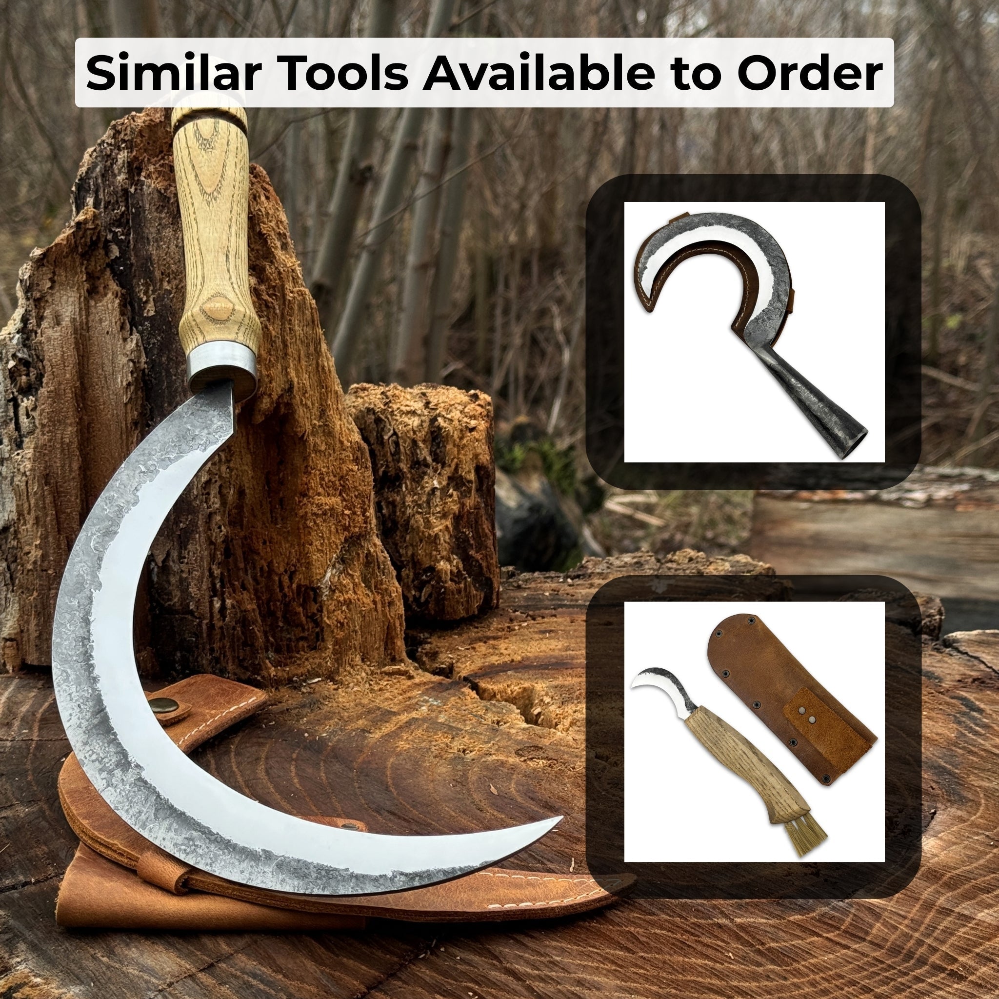Hand-forged large sickle with 19 cm curved blade and leather belt sheath