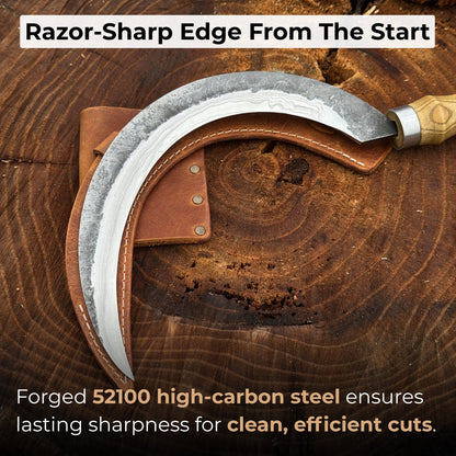 Hand-forged large sickle with 19 cm curved blade and leather belt sheath