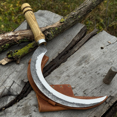 Hand-forged large sickle with 19 cm curved blade and leather belt sheath
