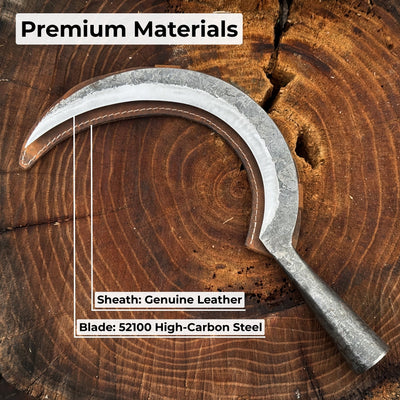 Hand-forged large sickle with 19 cm carbon steel blade and ergonomic handle
