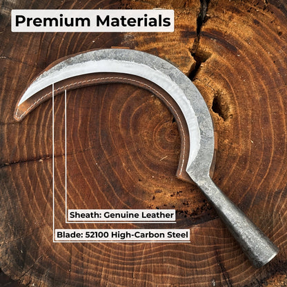 Hand-forged large sickle with 19 cm carbon steel blade and ergonomic handle