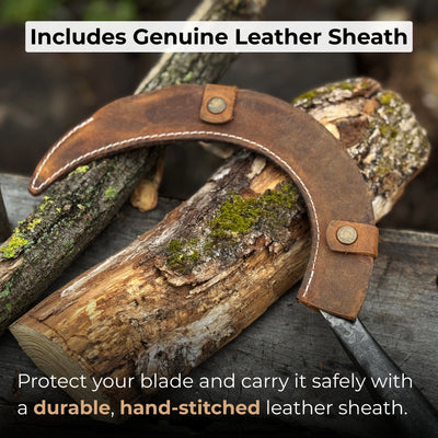 Hand-forged large sickle with 19 cm carbon steel blade and ergonomic handle