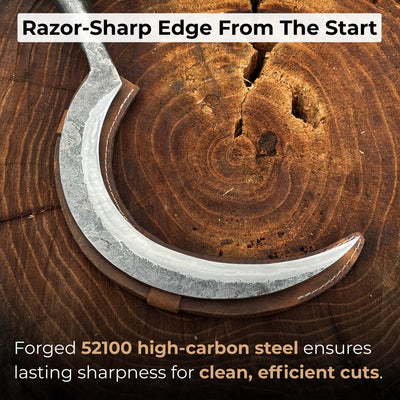 Hand-forged large sickle with 19 cm carbon steel blade and ergonomic handle