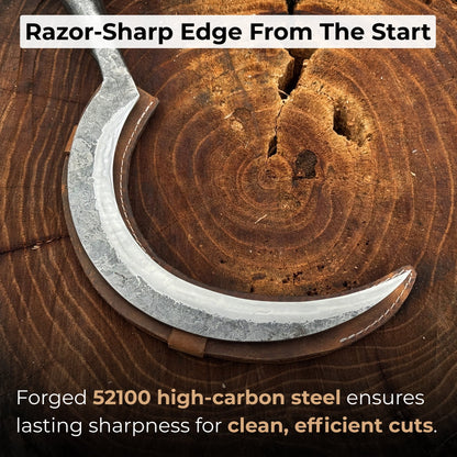 Hand-forged large sickle with 19 cm carbon steel blade and ergonomic handle