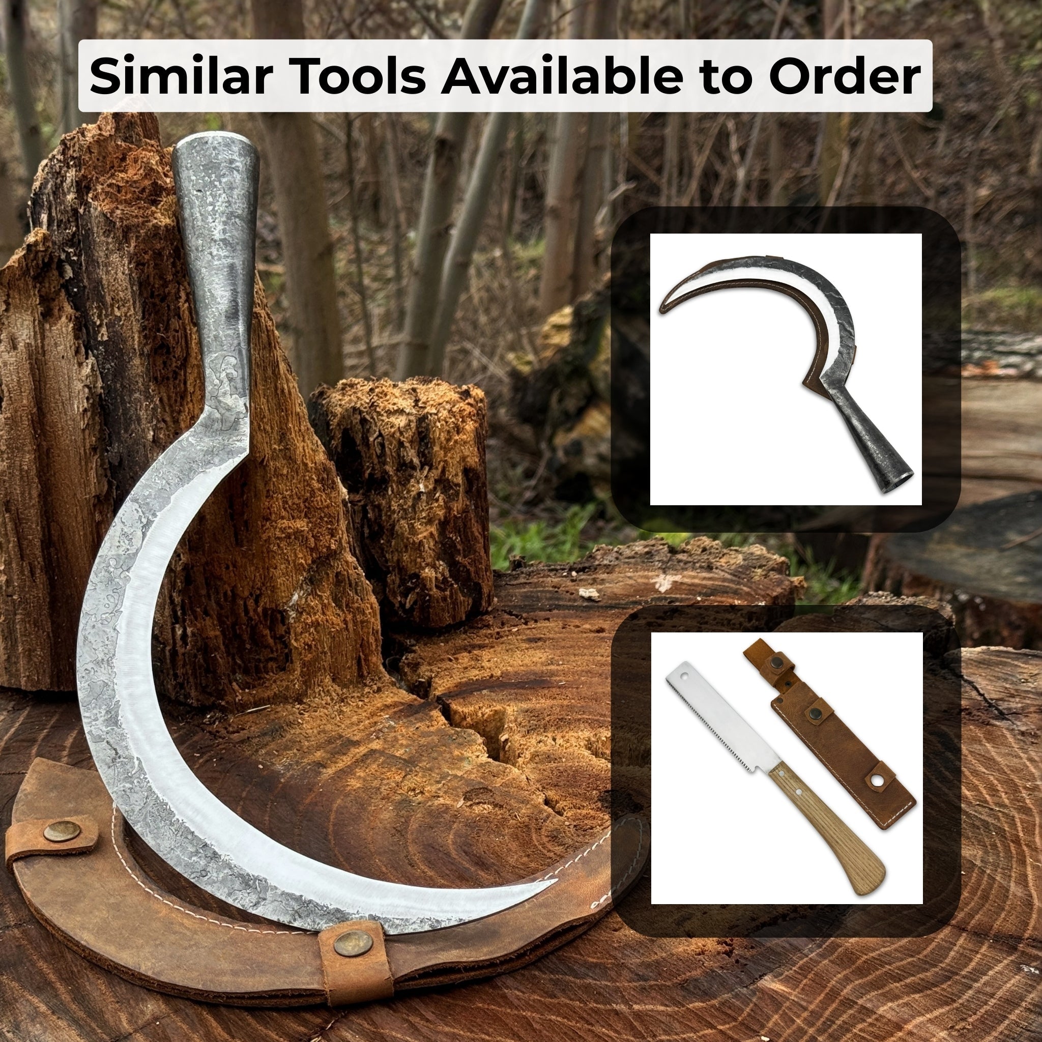 Hand-forged large sickle with 19 cm carbon steel blade and ergonomic handle
