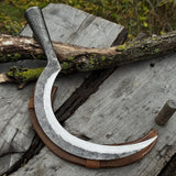 Hand-forged large sickle with 19 cm carbon steel blade and ergonomic handle
