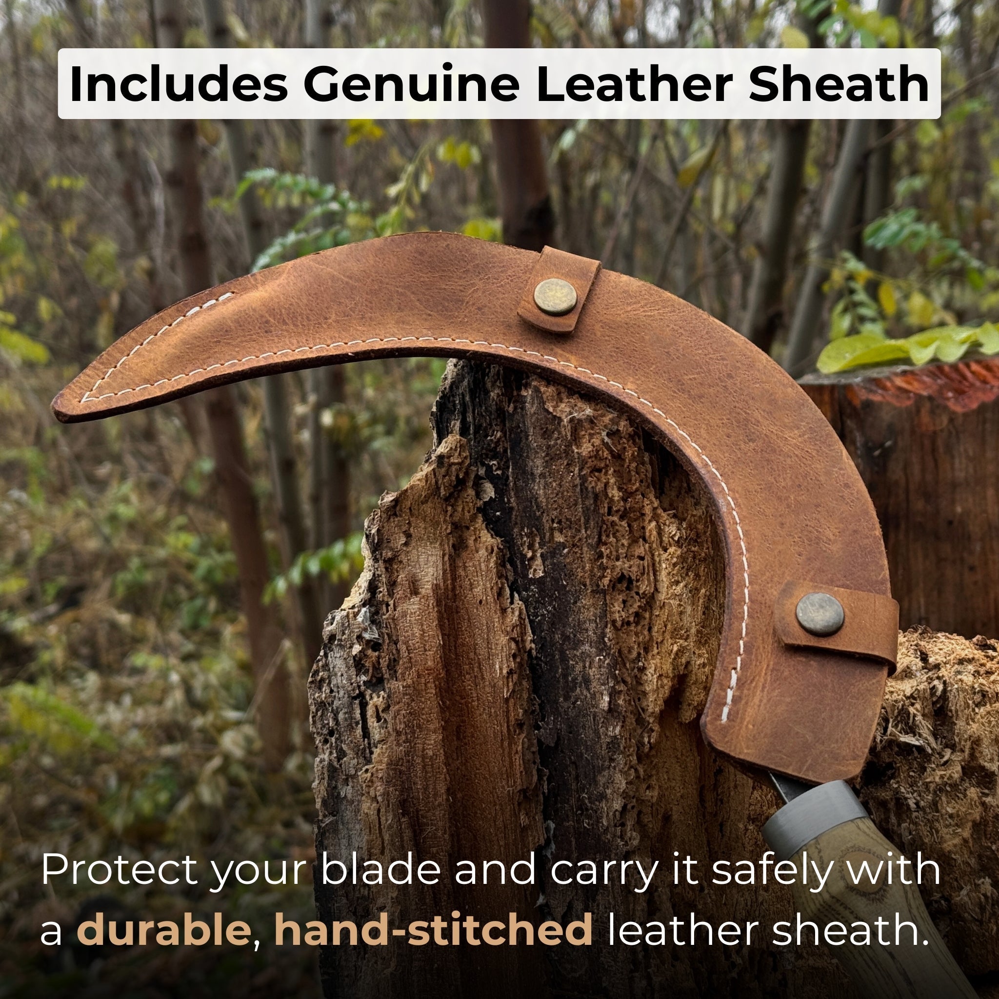 Hand-forged large sickle with 19 cm carbon steel blade and ash wood handle